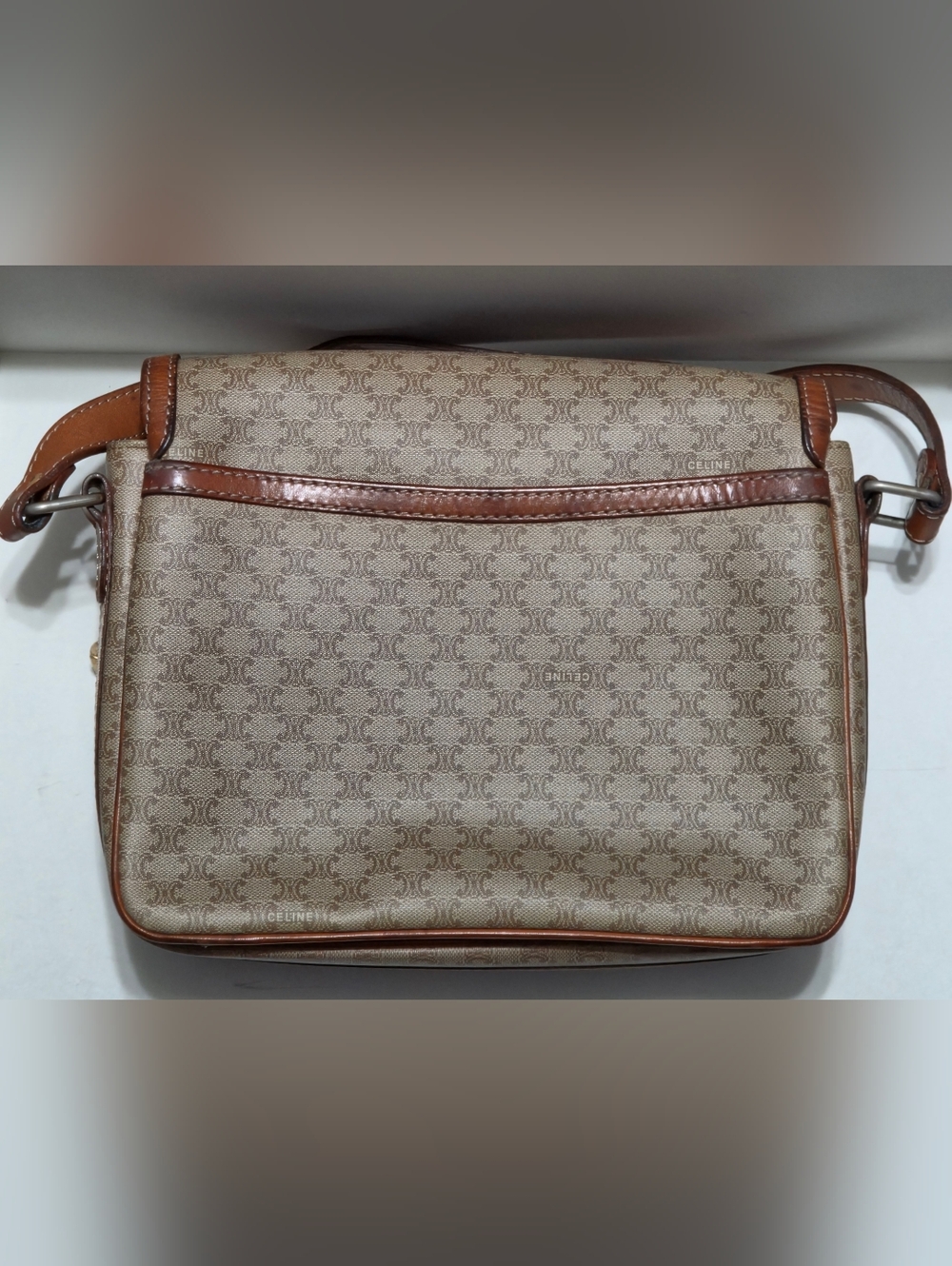 CELINE Macadam Brown Leather Trim Crossbody Shoulder Purse Bag PVC Canvas Beige - Picture 2 of 16
